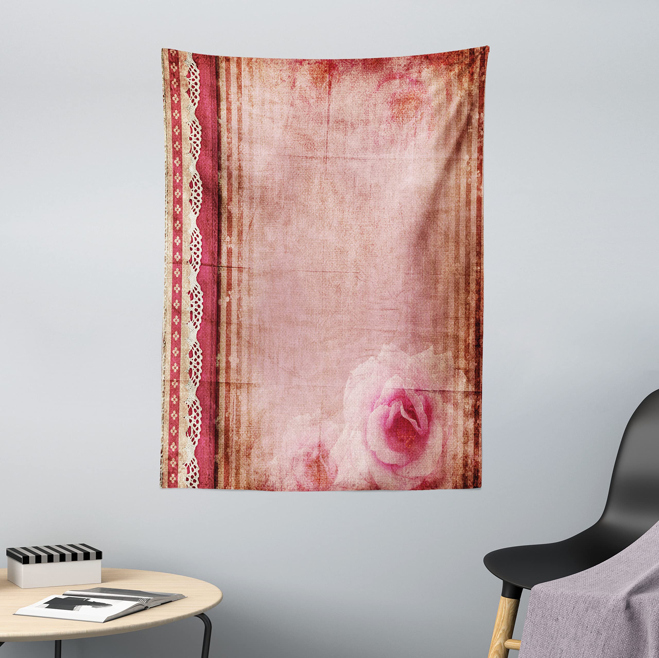ABAKUHAUS Shabby Flora Tapestry, Vintage Style Frame Lace Inspired Borders Old Fashioned Pastel Roses Print, Fabric Wall Hanging Decor for Bedroom Living Room Dorm, 43 W X 58 L, Pastel Pink