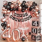 Rose Gold 40th Birthday Decorations for Women - Fabulous 40 Birthday Party Supplies Include 3pcs Balloon Boxes, Number 40 Foil Balloons, Fringe Curtains, Black Pink Garland Arch Kit - Photo Backdrop