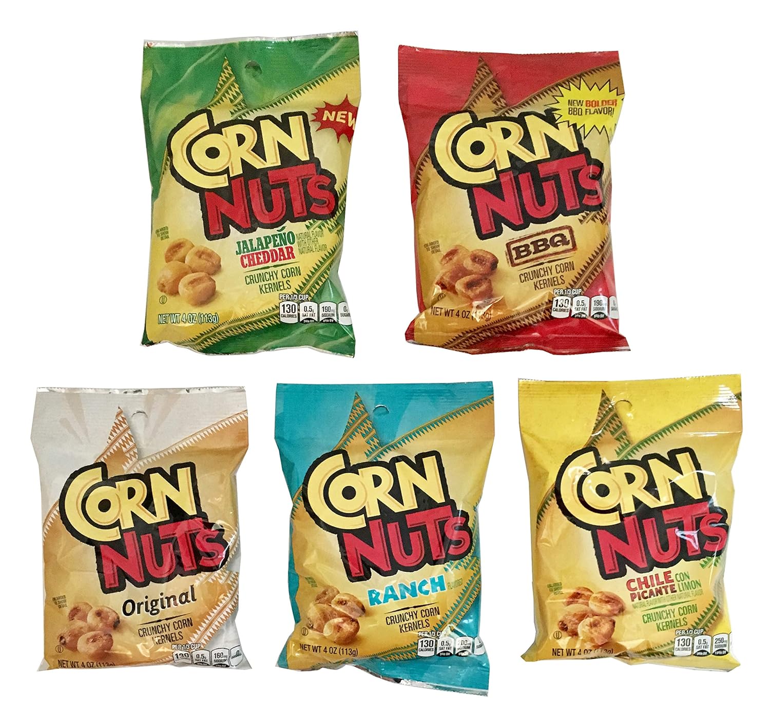 Corn Nuts Variety Pack 4oz Size (Pack of 5) 1 of Each - BBQ, Ranch, Chile Picante, Original and Jalapeno Cheddar