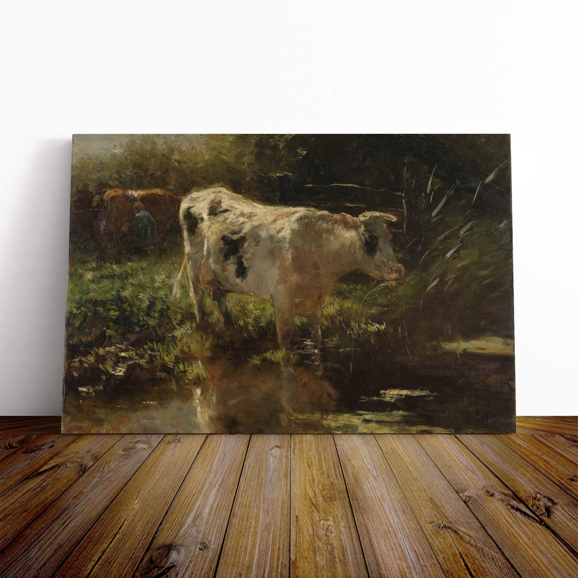 Willem Maris Cow by Water Canvas Print | Gallery Wrapped 30mm Frame Wall Art | 20x14 inches | Ready to Hang | Modern Animals Picture | Living Room Bedroom Lounge Office