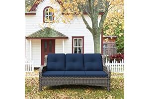 MeetLeisure 73'' Outdoor Patio Couch Wicker Sofa - 3 Seater Rattan Sofa for Outside Patio Garden with Deep Seating and Olefin Cushions(Mixed Grey/Blue)