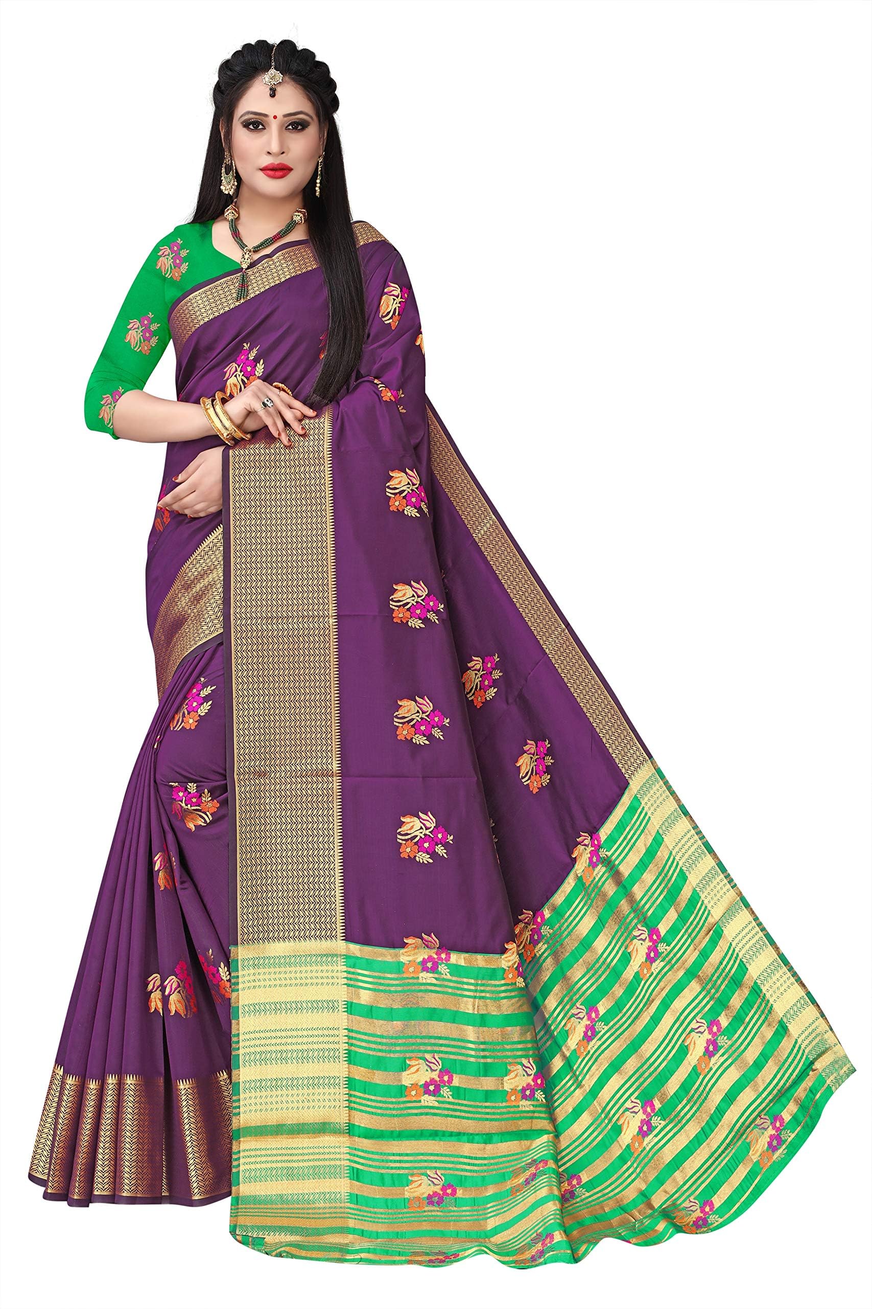 RIVANA Women's Gorgeous Kanjivaram Silk Bright Border Gold Zari Woven Saree with Blouse Piece (R177, Purple)