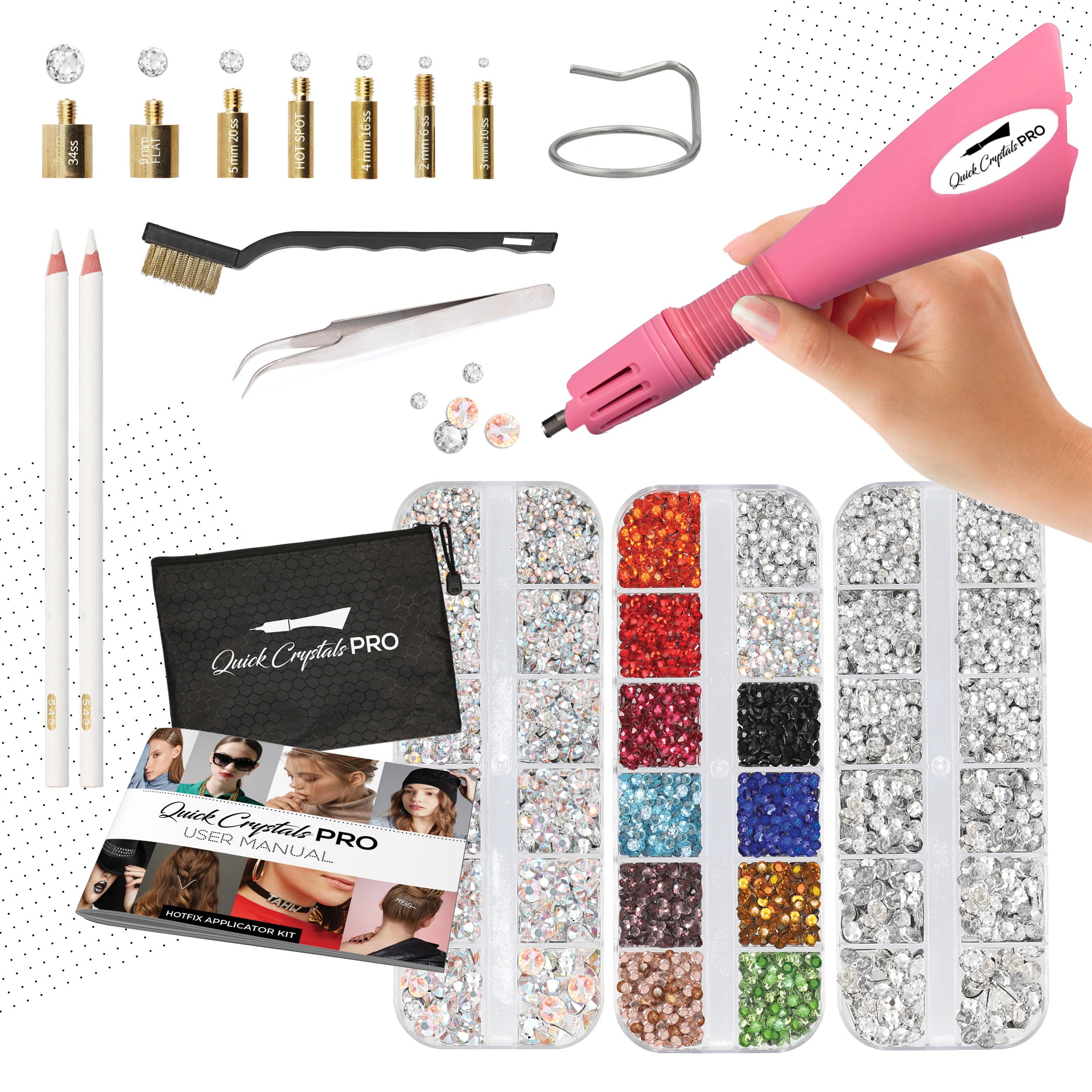 Photo 1 of Quick Crystals Pro Hotfix Applicator, Bedazzler Kit with Rhinestones, DIY Wand Setter Tool Kit with 7 Different Tip Sizes, Tweezers, Cleaning Brush, User Manual, and 4400 Rhinestones. (Pink)…