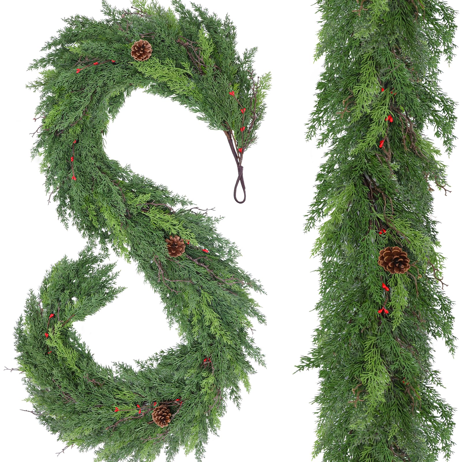 Photo 1 of 1 Pack 9FT Real Touch Christmas Garland with Pine Cone Artificial Realistic Faux Green Cedar Pine Garland,Thick and Lush, Lifelike Cedar Garland for Fireplace Indoor Outdoor Holiday Party Decoration