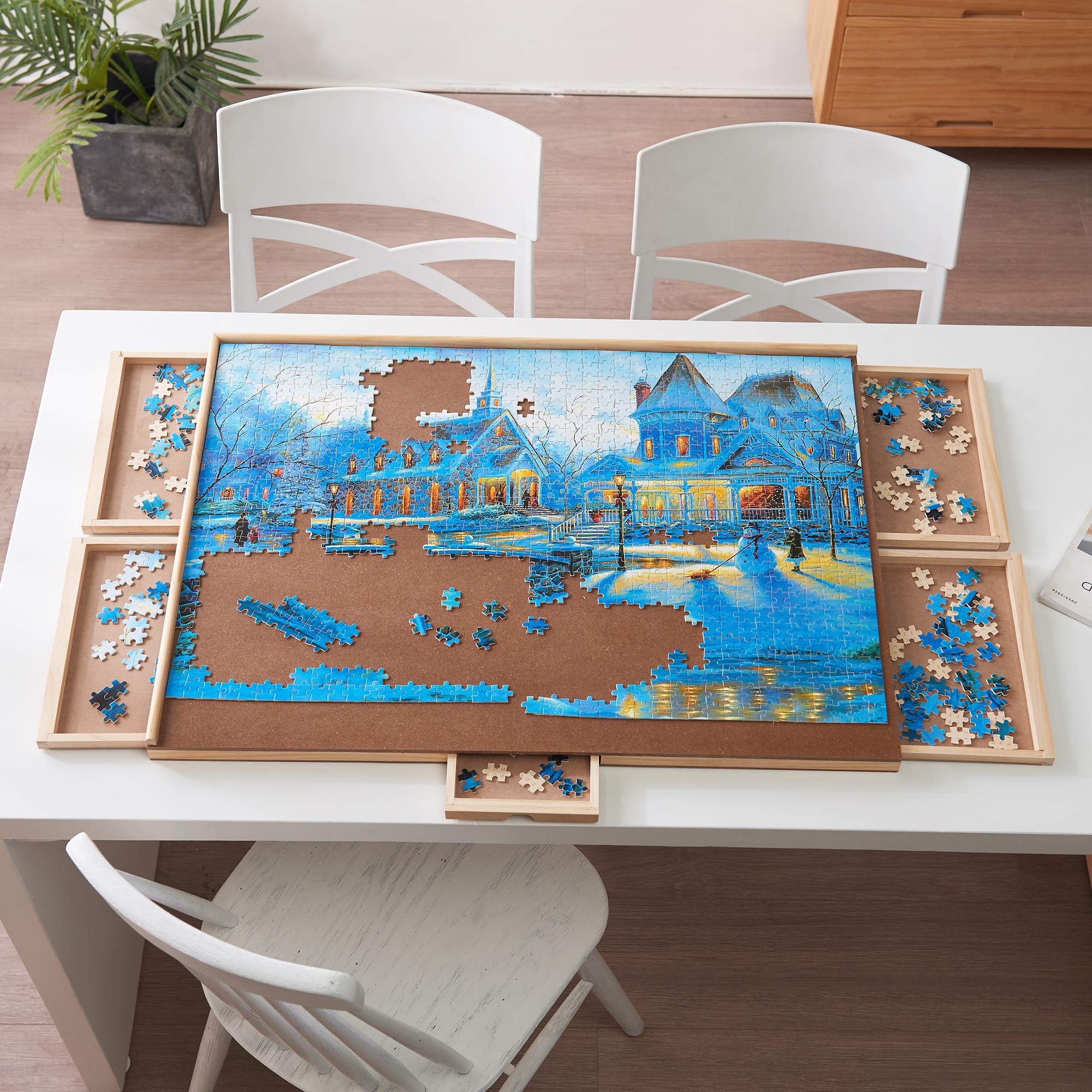 Sfozstra 1000 Pieces Upgraded Wooden Puzzle Table, Jigsaw Puzzle Table, Puzzle Plateau-Smooth Fiberboard Work Surface, with Five Drawers, Puzzle Accessories for 1000 Pcs