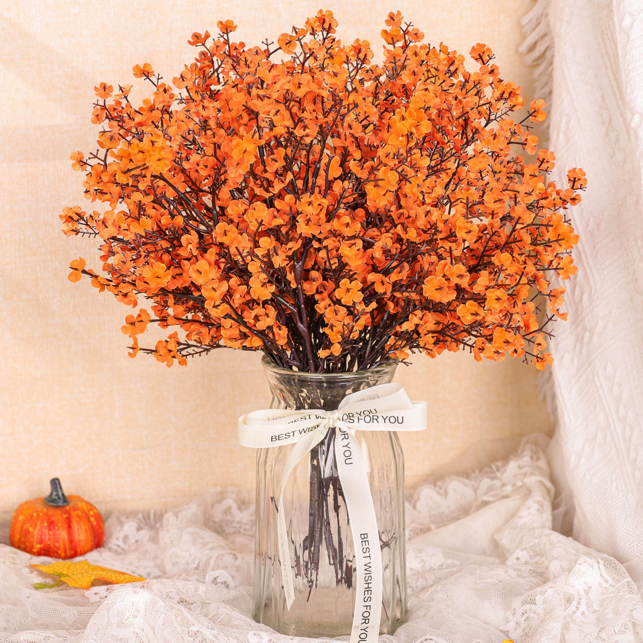 Photo 1 of Der Rose 10Pcs Fake Fall Flowers Orange Baby Breath Artificial Flowers Real Silk Floral Arrangement Stems for Thanksgiving Table Centerpieces Home Kitchen Mantle Porch Outdoor Decorations