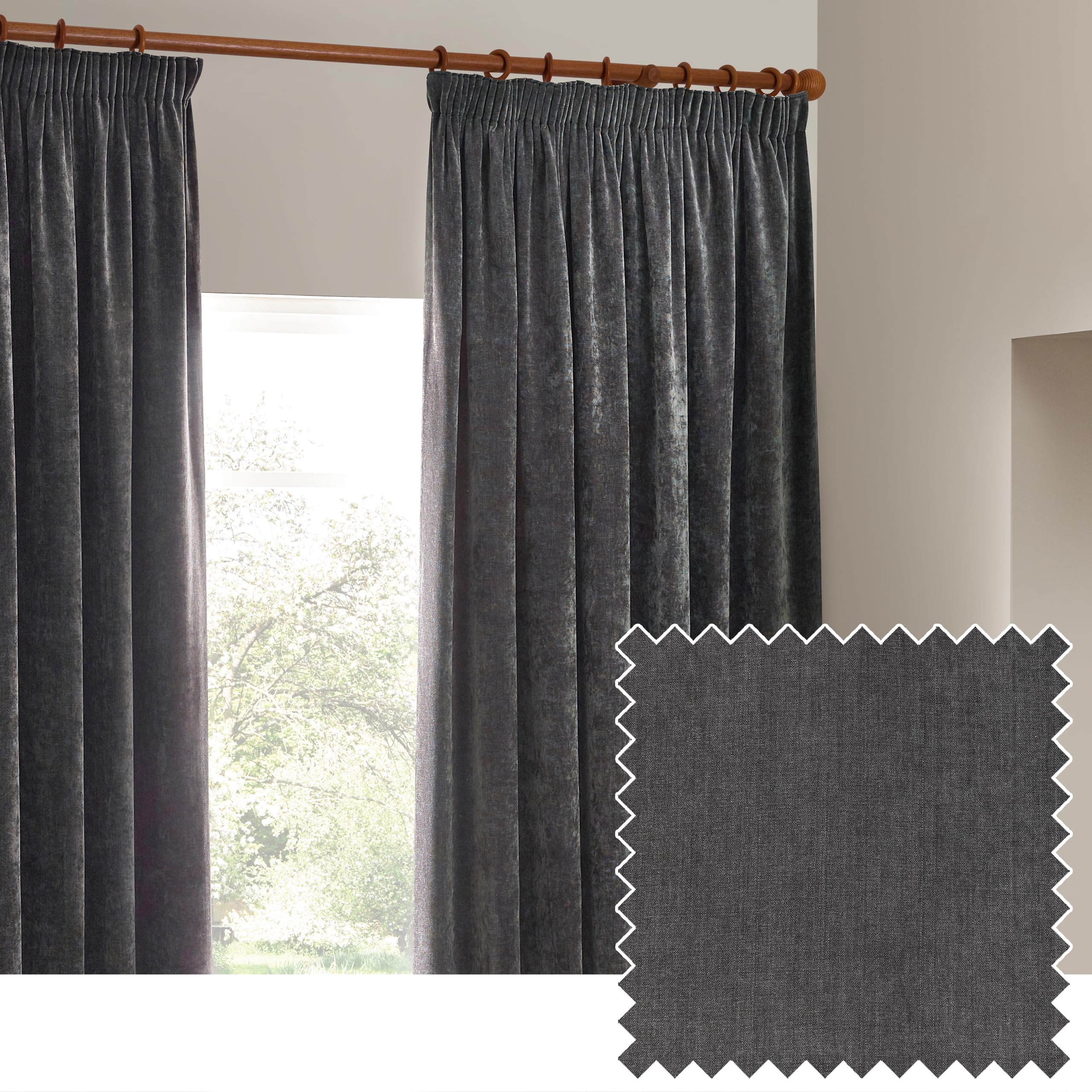 Yard furn Heavy Chenille Pencil Pleat Curtain Pair – Lined Room Darkening Soft Velvet Curtains (Charcoal - Width 229 x Drop 183cm)