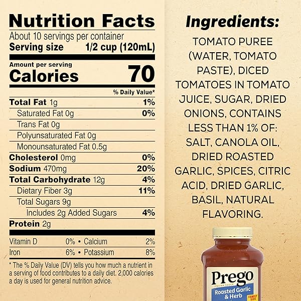 PREGO ROASTED GARLIC AND HERB PASTA SAUCE, 45 OZ JAR