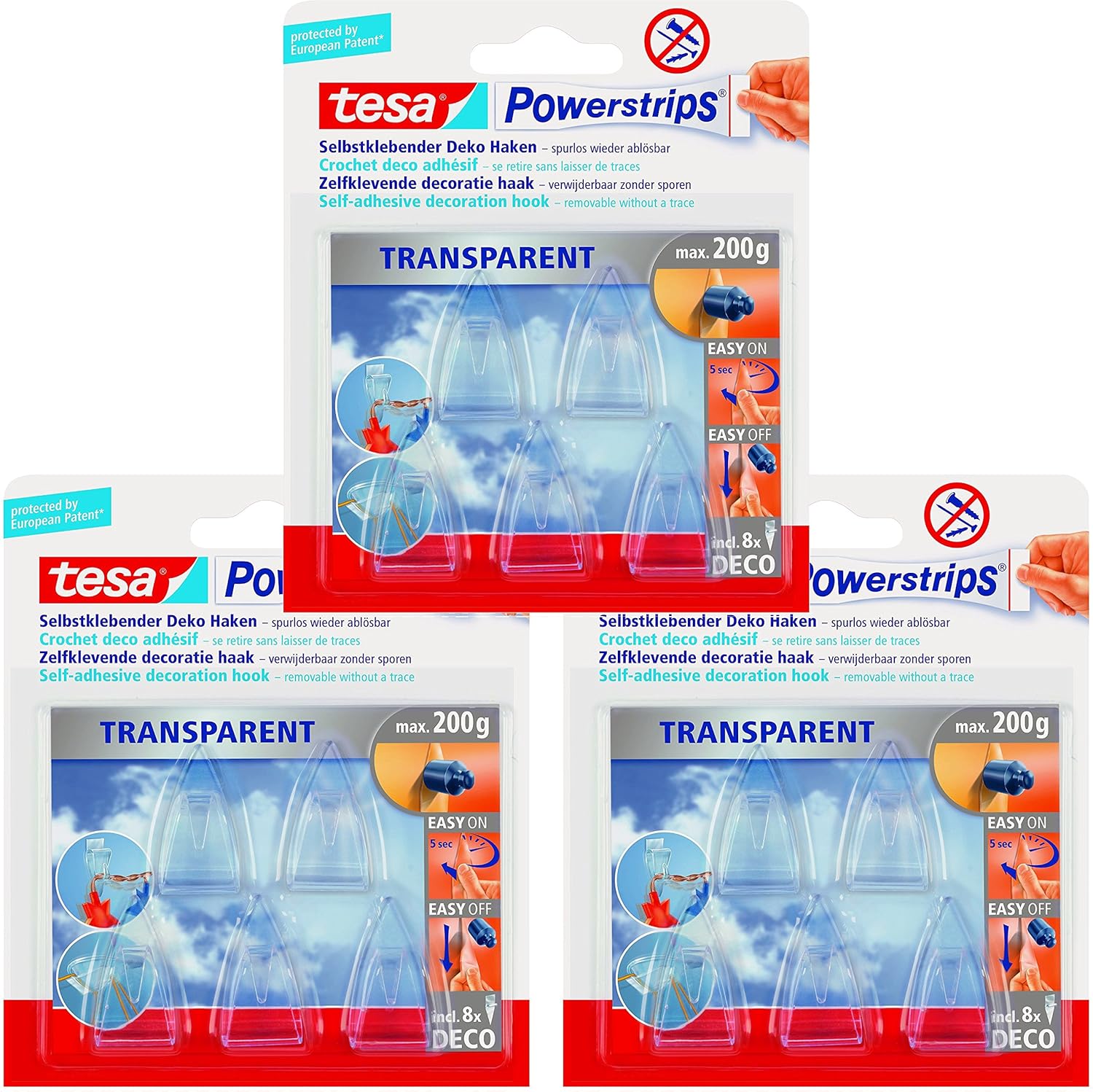 Ganci Decorativi Tesa Powerstrips - Confezione Da 5 Pezzi, Trasparenti, Fino A 200g - Foto 4
