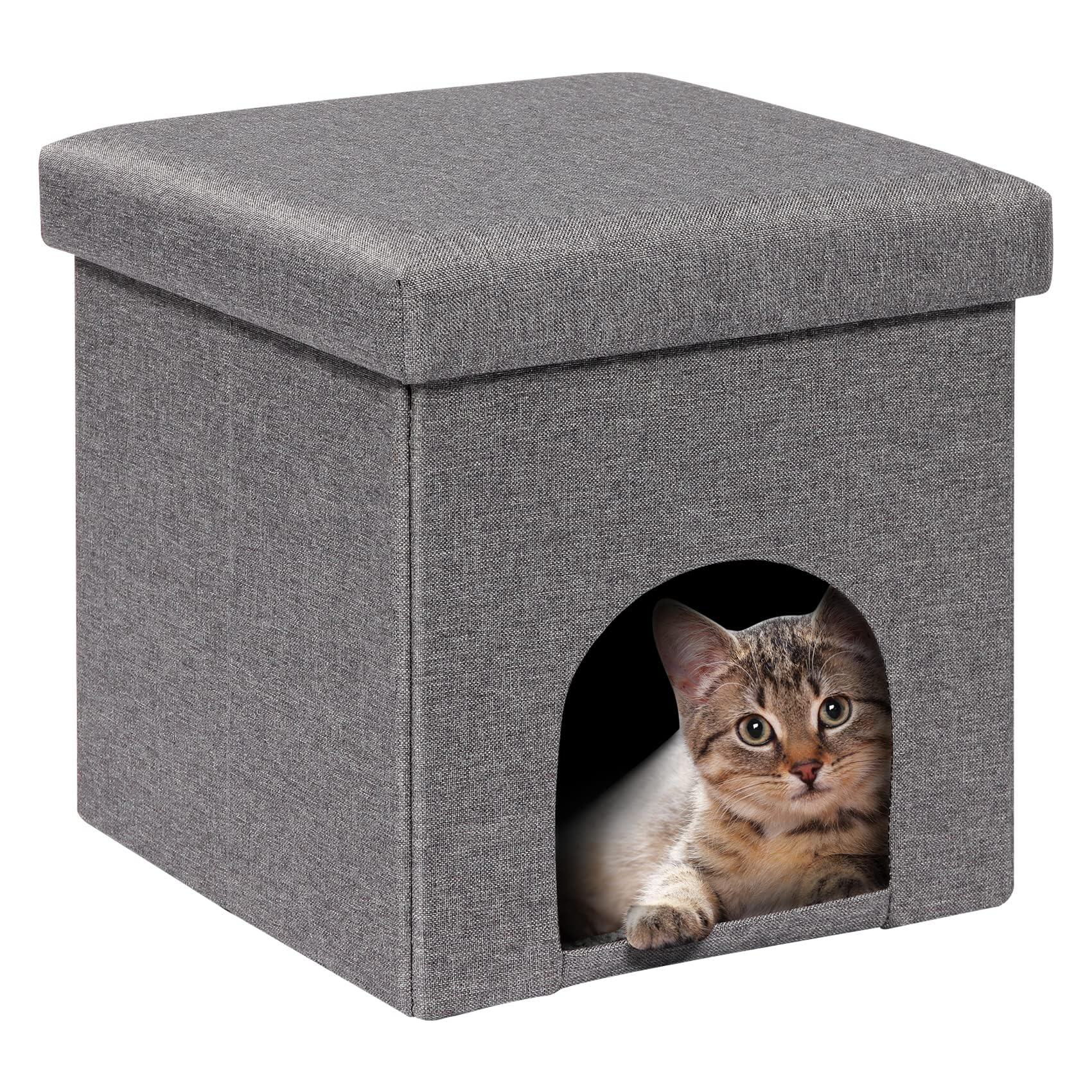 Bonlife Cat Bed,Folding Cat Cave Beds for Indoor Cats,Cat House Winter Pet Kennel,Footstool Seat with Lid,32x32x32cm,Grey