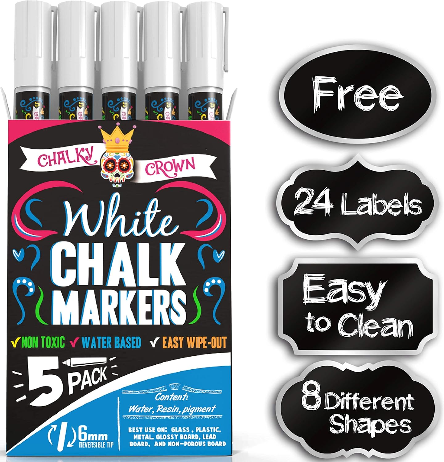 Liquid Chalk Marker Pen - White Dry Erase Marker - Chalk Markers for Chalkboard Signs, Windows, Blackboard, Glass - 6mm Reversible Tip (5 Pack) - 24 Chalkboard Labels Included : Office Products