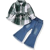 XUANHAO Baby Girl Clothes Fall Winter Toddler Outfits for Girls Flannel Plaid Shirt Tops Flare Jeans Pants Girls Clothing Set
