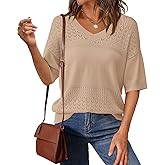 PRETTYGARDEN Women's Short Sleeve Sweater Tops 2026 Spring Summer Casual V Neck Ribbed Knit Trendy Eyelet Blouse T Shirts