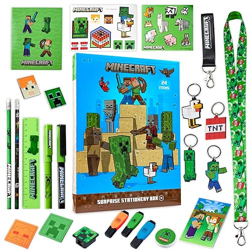 Minecraft Advent Calendar 2025 Stationery and Accessories Creeper Christmas Countdown Calendar Pens Gamer Stickers Keyring (Blue/Green)