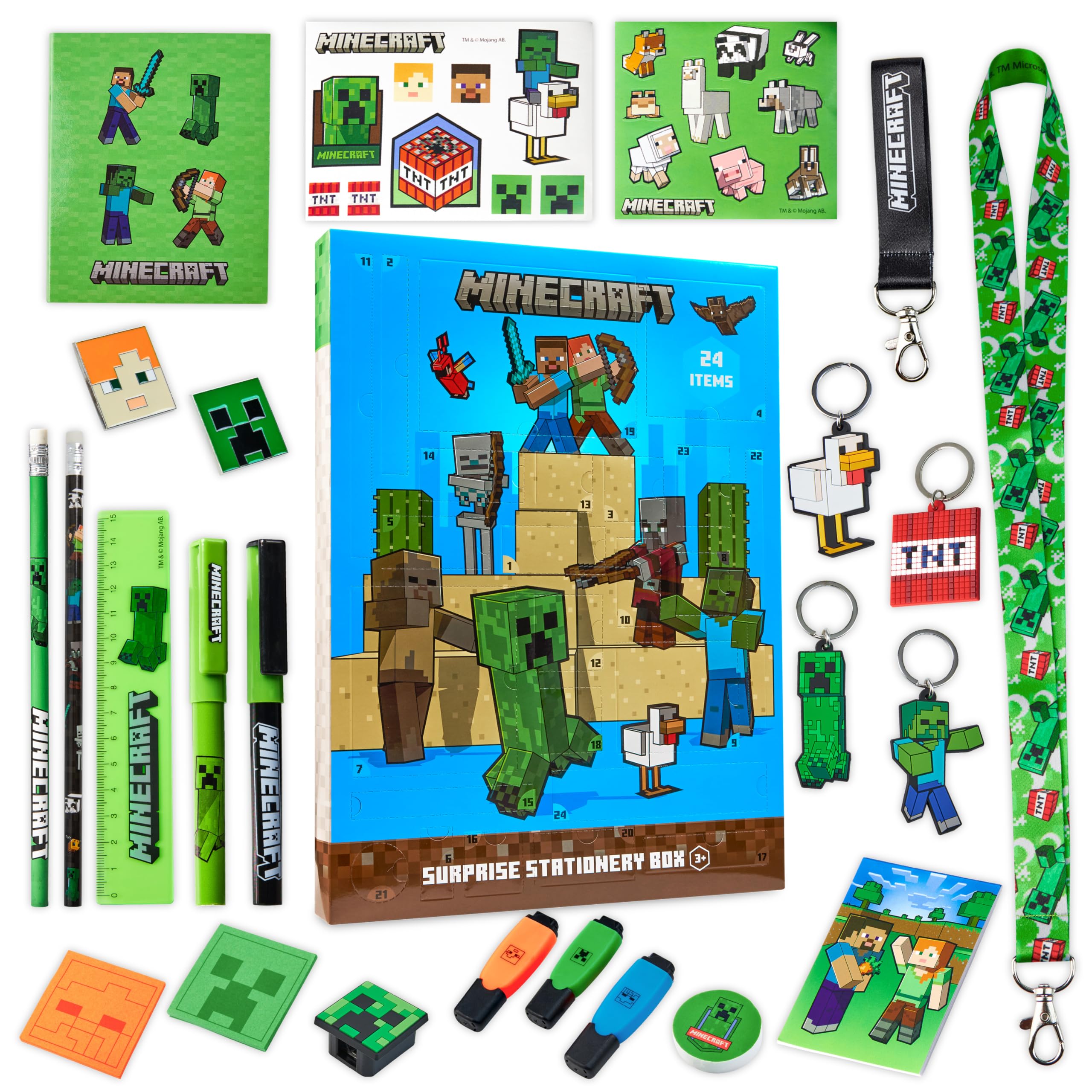 Minecraft Advent Calendar 2025 for Kids Teens, Creeper Stationery & Accessories Christmas Countdown Calendar, Pens Keyrings Gadgets, Gifts for Gamers (Blue)
