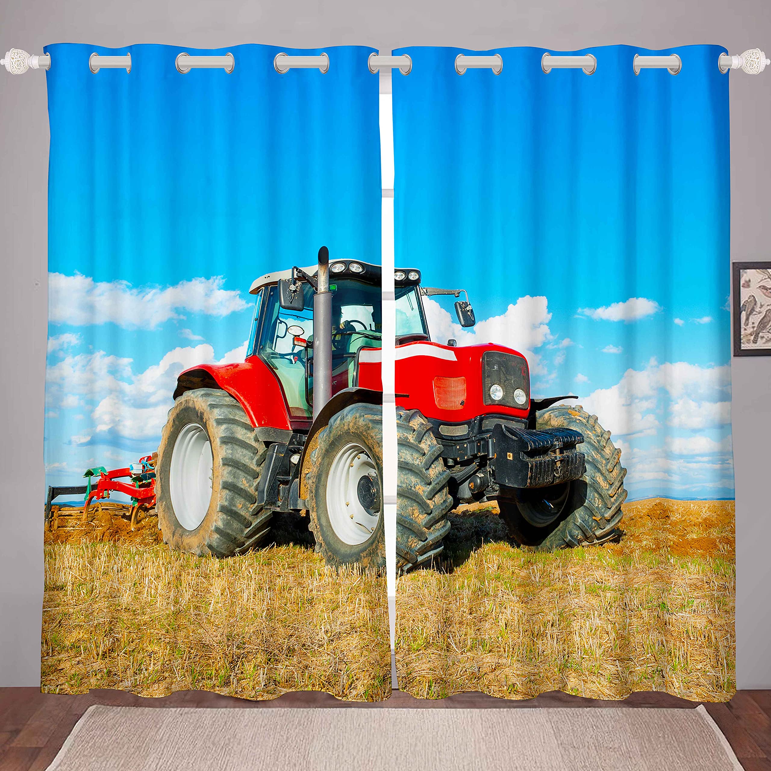 Loussiesd Boys Tractor Curtains Men Construction Cars Curtains for Bedroom Living Room Kids Red Heavy Machinery Vehicles Windows Drapes Novelty Farm Theme Room Decoration,W46*L54