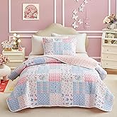 Joyreap Twin Size Quilt Set for Girls, Pink n Blue Floral Patchwork Design, 2 Pieces Soft n Cozy Microfiber Quilt, Bedspread Bed Cover for All Season- 68x88 inches