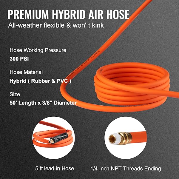 VEVOR RETRACTABLE AIR HOSE REEL, 3/8 IN X 50 FT HYBRID AIR HOSE MAX 300PSI, AIR COMPRESSOR HOSE REEL WITH 5 FT LEAD IN, CEILING/WALL MOUNT HEAVY DUTY SINGLE ARM STEEL REEL