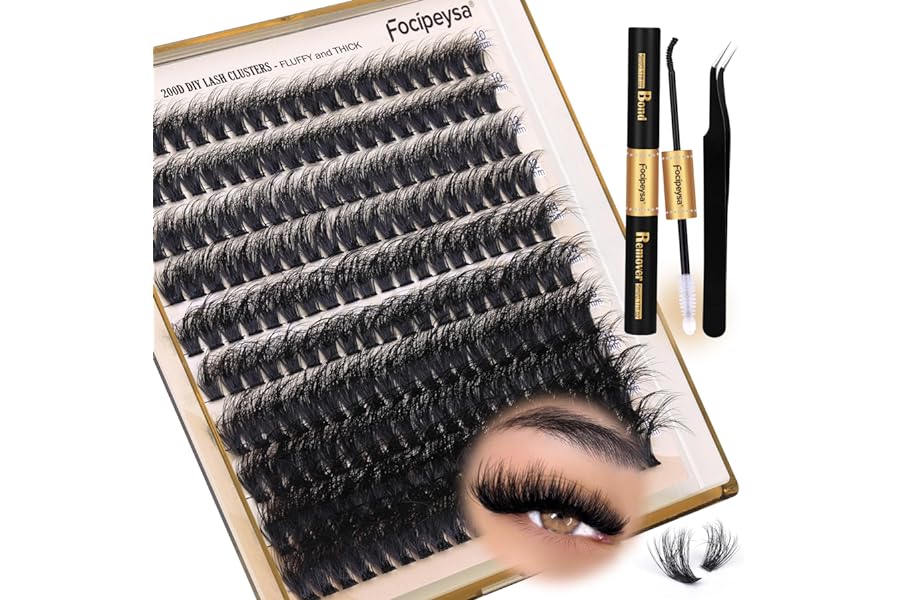 Focipeysa DIY Lash Extension Kit Individual Thick Eyelash Clusters 10-18mm Fluff Volume 200D with Lash Bond, Lash Remover, Lash Applicator, Black
