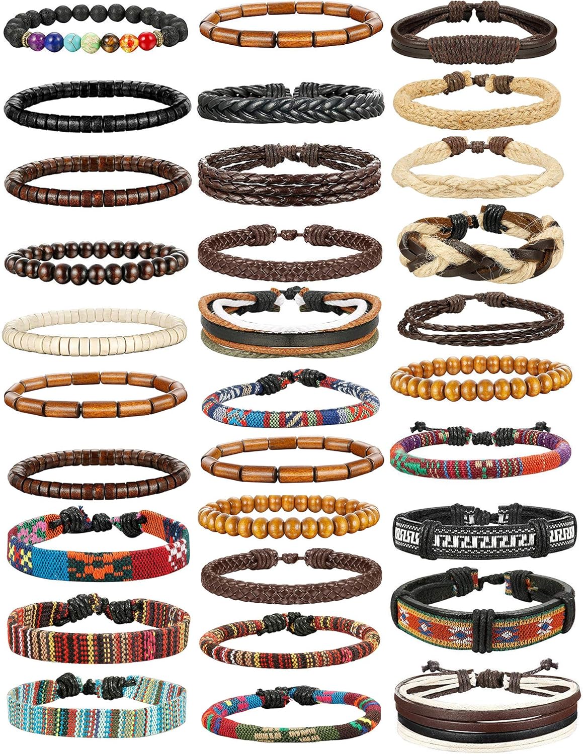 FIBO STEEL 32 Pcs Braided Leather Bracelets for Men Women Wooden Beads Cool Hemp Tribal Wristbands Cuff Punk Multilayered Bracelets: Clothing