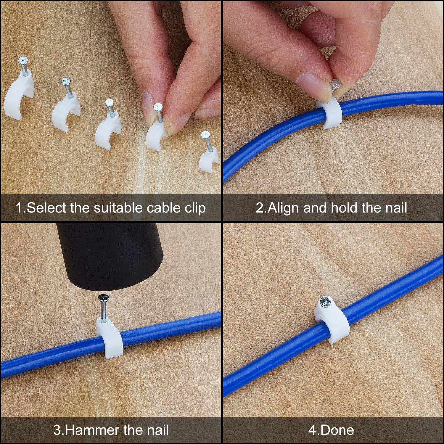 ASelected Pack of 1000 Round Cable Clips Assortment 4mm 6mm 7mm 8mm 10mm White Nail Wire Tidy