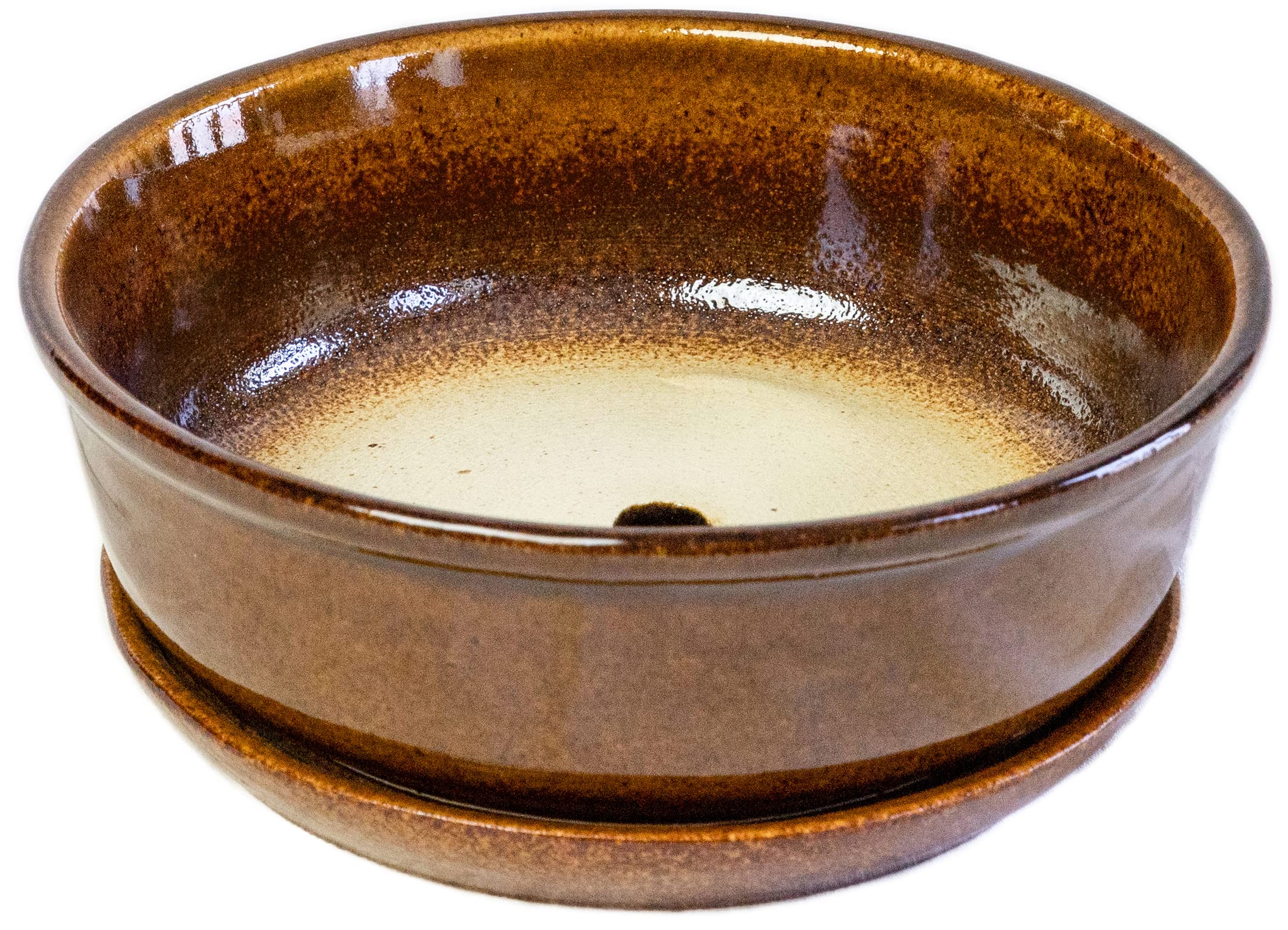 Kerazo Ceramic Bonsai Bowl Round 18 x 6 cm with Bottom Tray Brown sturdy stoneware Robust Frost Resistant Durable with Hole Base