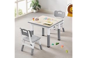 CuFun Kids Table & Chairs Set (2 Chairs) Height Adjustable for Ages 2-8 | Non-Slip Toddler Activity Table with Wipe-Clean Desktop, Montessori Learning & Art Drawing Tables for Home Preschool