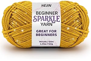 HEJIN 120g Gold Sparkle Yarn for Crocheting and Knitting; 120m(144yds) for Beginners with Easy-to-See Stitches; Worsted-Weight Medium #4; Yarn for Beginners Crochet Kit Making