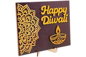 RUSATEN Happy Diwali Wooden Table Sign – Diwali Gifts - India Christmas Festival of Lights Home Decor – Diya Mandala Design – Diwali Decorations for Living Room, Office, Party