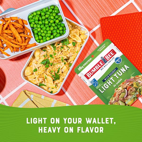 BUMBLE BEE CHUNK LIGHT TUNA IN WATER, 2.5 OZ POUCHES (PACK OF 3) – READY TO EAT WILD CAUGHT SKIPJACK TUNA PACKET – 16G PROTEIN PER SERVING – MSC SUSTAINABLE SEAFOOD, NON-GMO, GLUTEN FREE, KOSHER