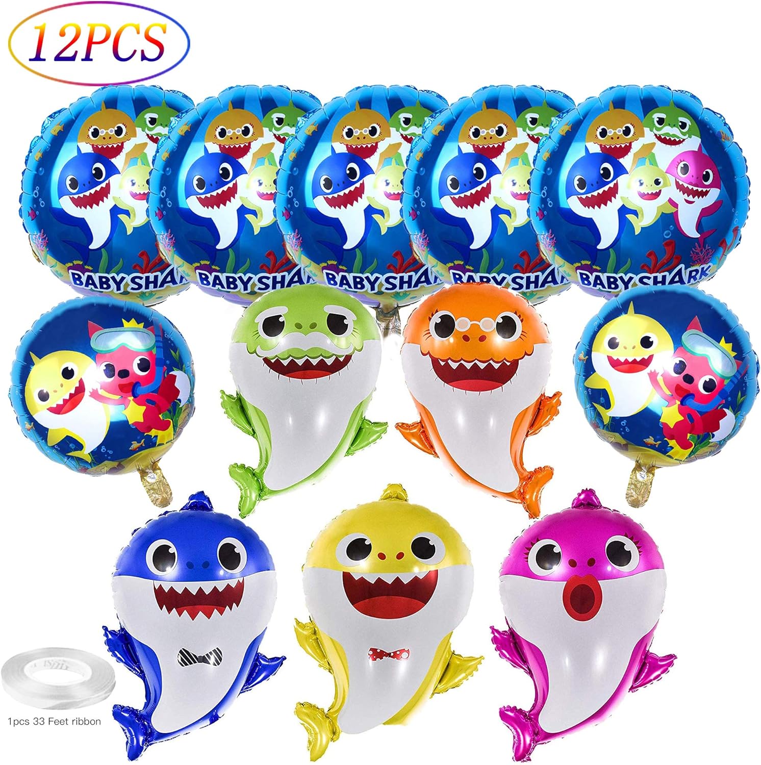 Summerdays 12 Pack Baby Shark Balloons 26 inch Baby Shark Helium Baloons, 7 Pieces