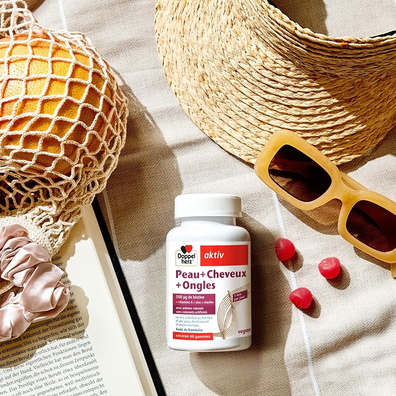 Piel+Cabello+Uñas - Gominolas con Vitaminas A, C, E & B6-500 μg Biotina, Zinc, Selenio - 60 Gomitas Blandas Veganas- Sabor Frambuesa - Doppelherz