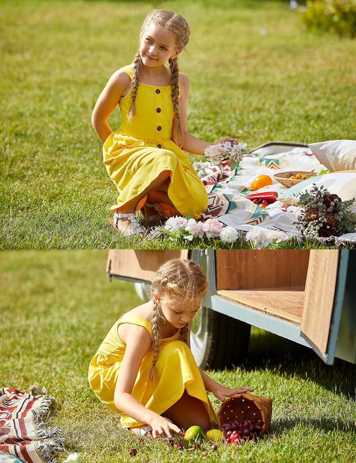 Arshiner Girl's Summer Sundress Spaghetti Strap Button Down Midi Dress with Pockets: Clothing