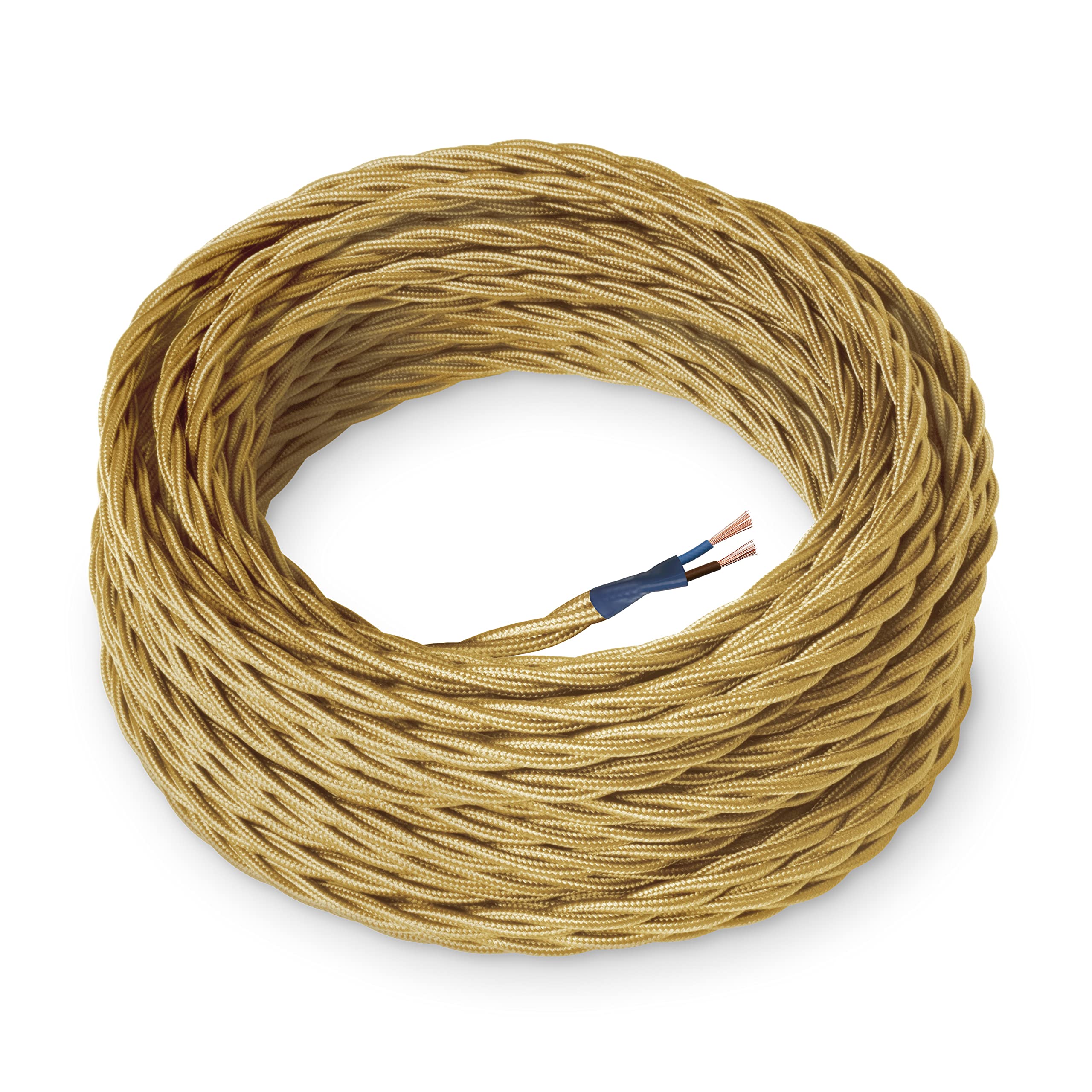Amarcords - Textile Electrical Wire color GOLD braided silk 10 meters to 2 conductors 2x075 - Wire coated in colored vintage fabric for chandeliers and lamps applique lampshades.