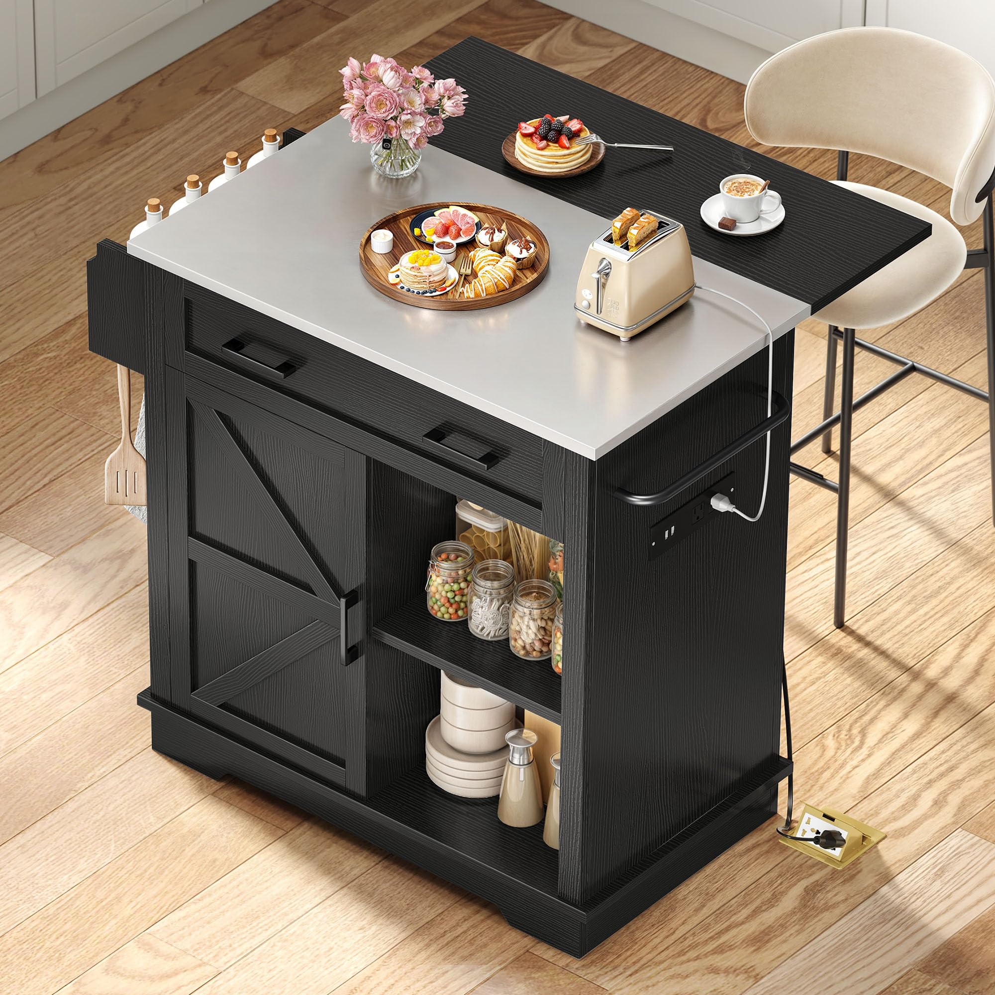 Photo 1 of YITAHOME Kitchen Island with Stainless Steel Top & Power Outlet, 60 Inch Kitchen Island on Wheels with Drop Leaf, Large Rolling Mobile Center Islands w Storage Drawer Cabinet Counter Metal Top, Black