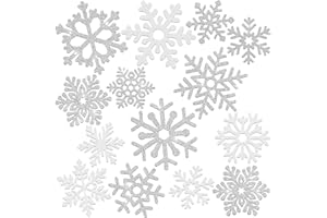 Geyee 96 Pcs Snowflakes Cutouts 12 Styles Glitter Snowflakes Board Cutouts Ornaments with Glue Point Dots for Winter Christmas Home Decoration(Silver, White)