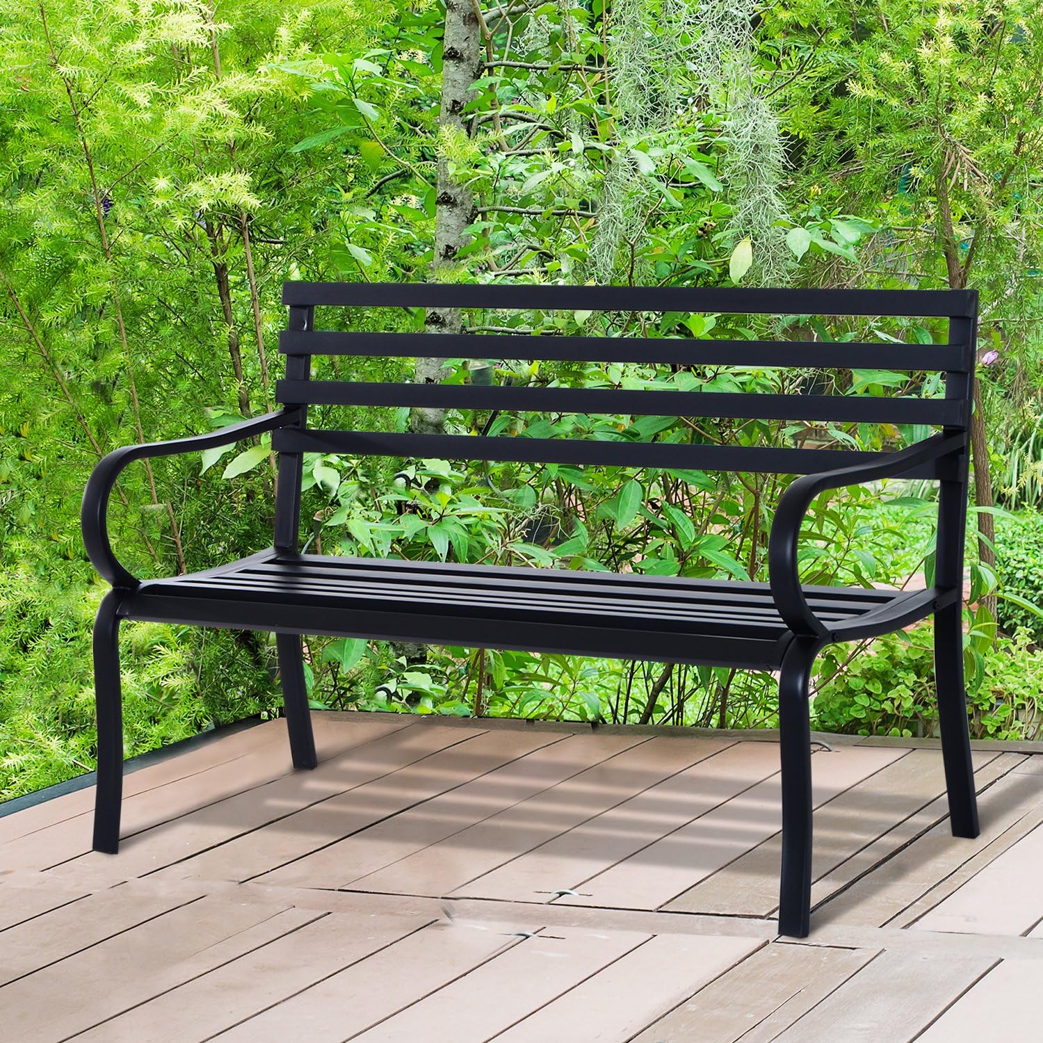 Outsunny 2 Seater Metal Garden Park Bench Porch Chair Furniture Patio Outdoor Park Loveseat Seat Black, 127 x 62 x 81 cm - Image 4