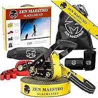 Slackline kit 65ft Complete with Tree & Ratchet Protectors Optional Training Line Arm Trainer Carry Bag, Zen Maestro Instruct