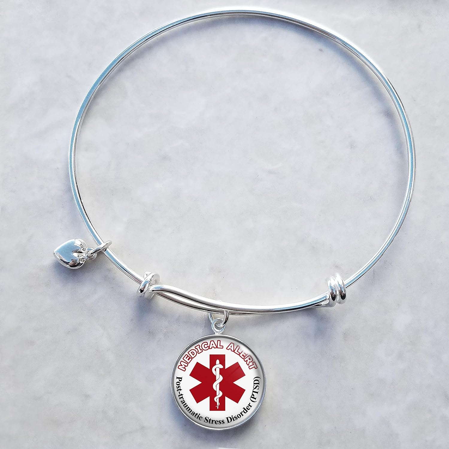 Medical Alert PTSD .925 Silver Expandable Wire Bangle Charm