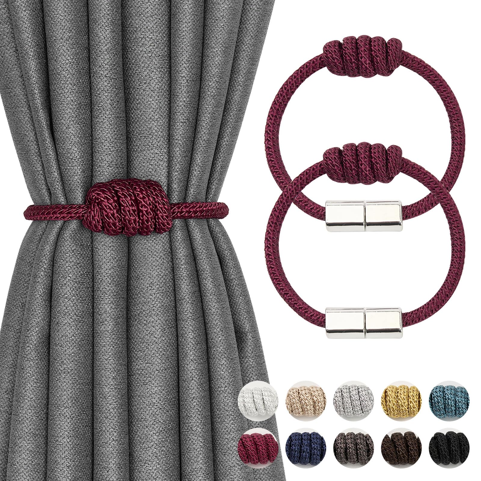 Pretty Jolly 2 Pack Mini Magnetic Curtain Tiebacks Modern Simple Style Drape Tie Backs Elegant Hand Weave Rope Knot Decorative Curtain Holdbacks for Home & Office Window Drapery (Wine Red)