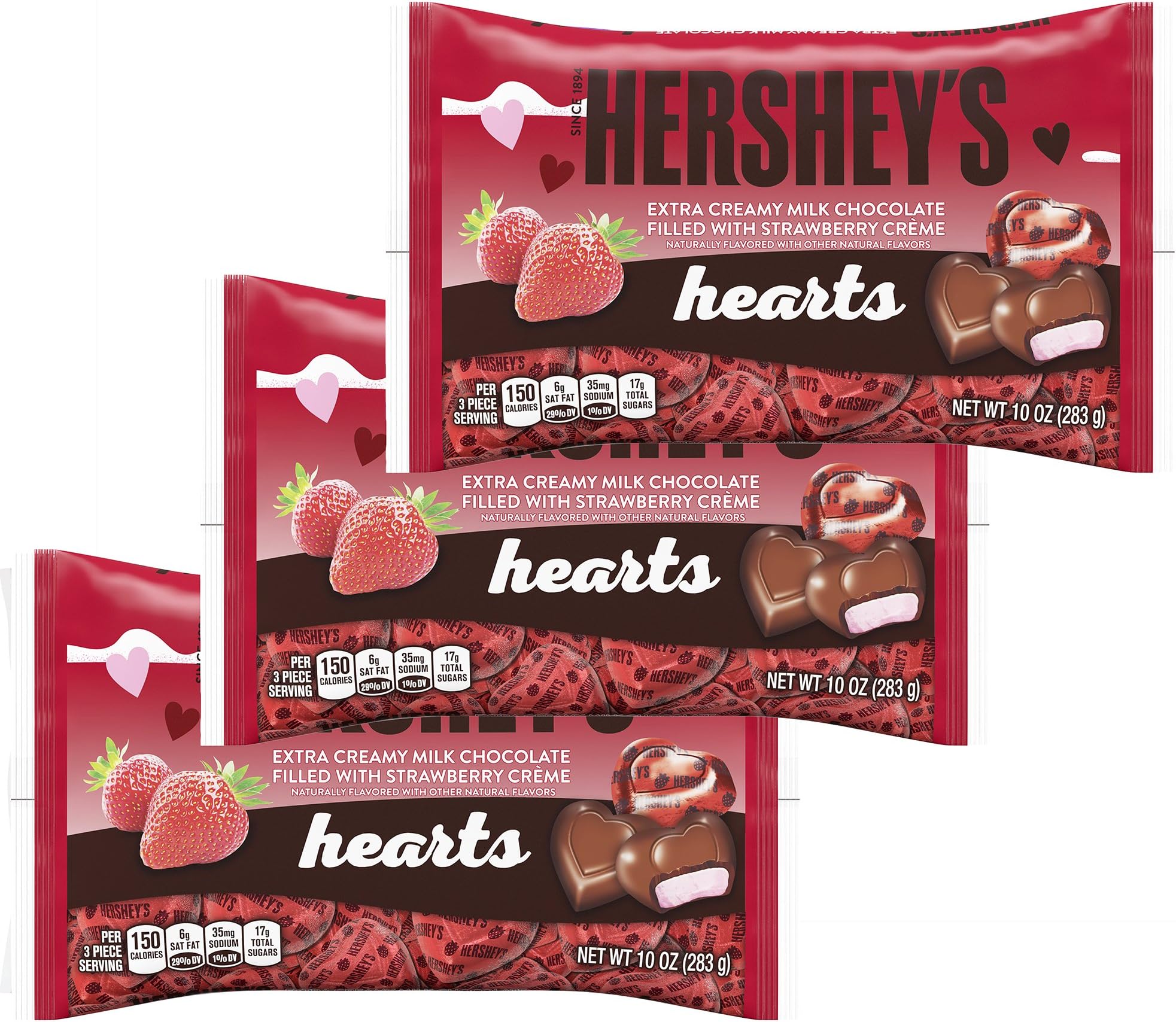 Hershey Chocolate Hearts - Valentines Day Milk Chocolate Candy Variety Mix - Valentine Assortment Pack - 10 Ounce Bag (3 Pack) Holiday Candies For Home Office Work School (Strawberry Creme Filled)