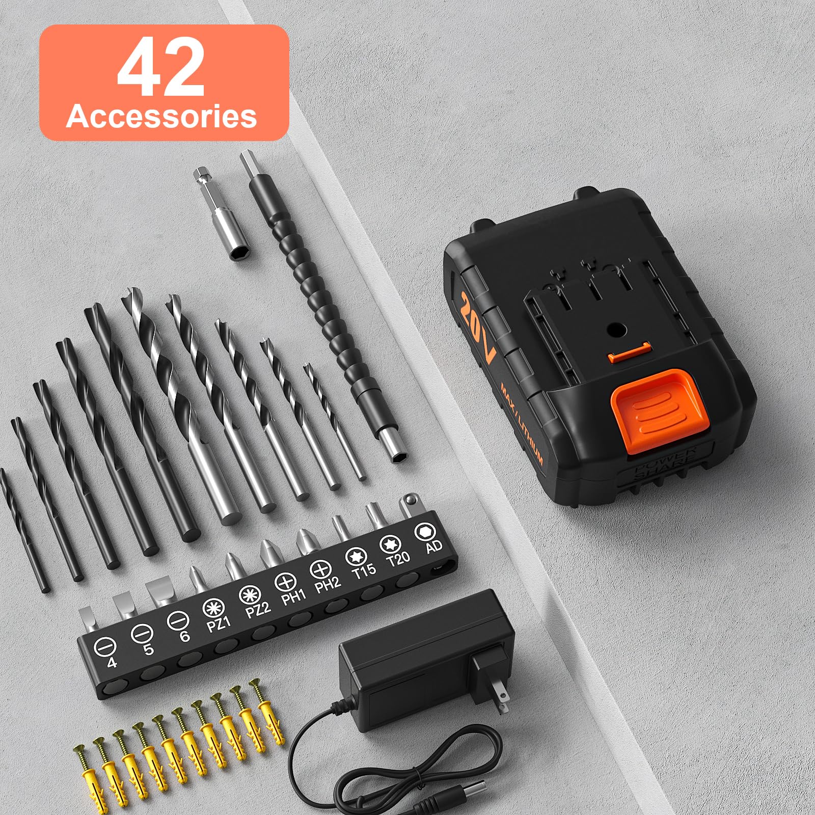 Cordless Drill Set, VIWKO 20V Power Drill with Power Pack 2.0Ah and Charger, 3/8-Inch Keyless Chuck Electric drill, 25+1 Position, 42pcs Drilldriver Bits/Screws for DIY Projects (Orange)