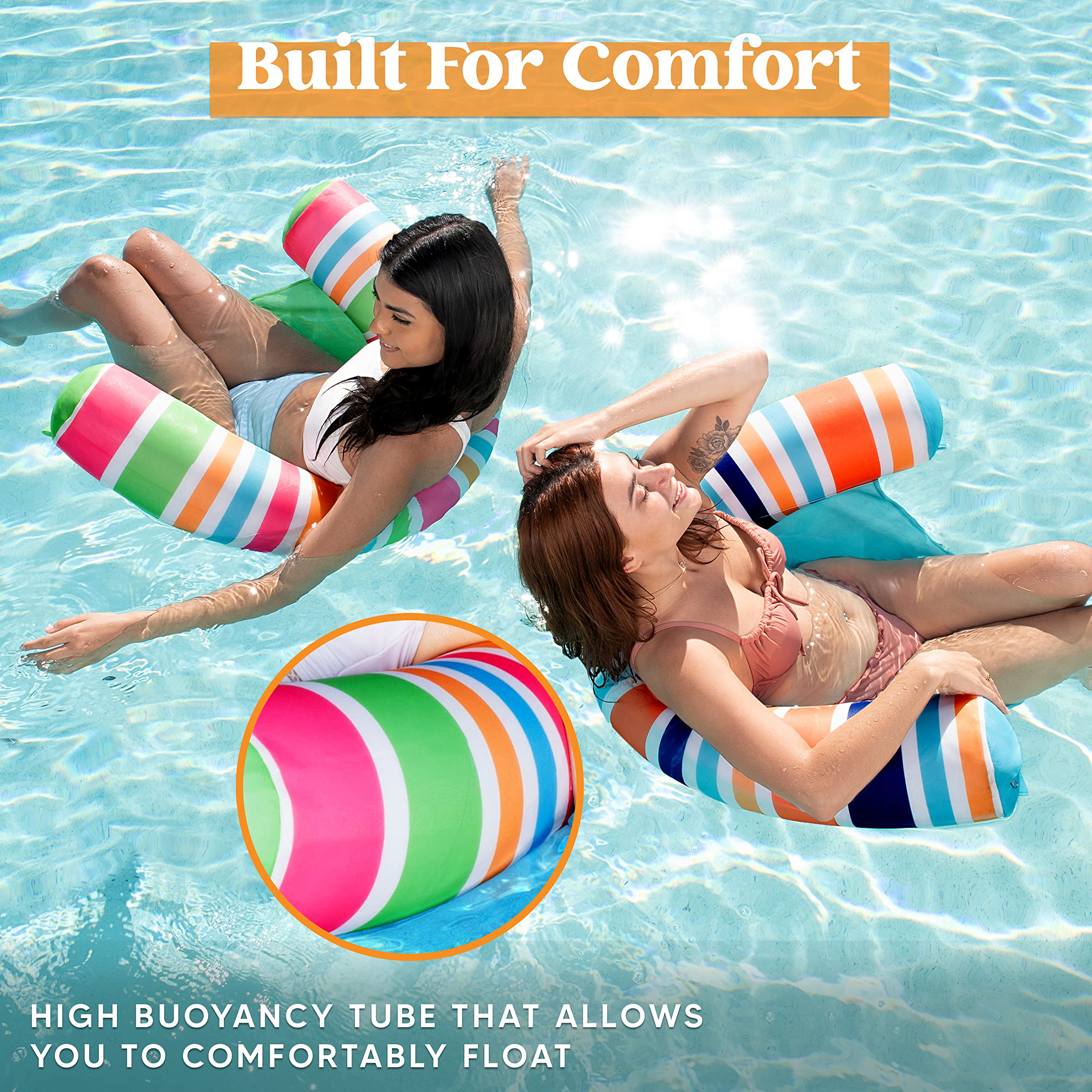 Sloosh Inflatable Pool Floats Chairs Adults, 2 Packs Floating Noodle Chair with Stripes Design Soft Fabric Covered with Sling for Swimming Pool Water Chair Pool Lounger Party Floaties