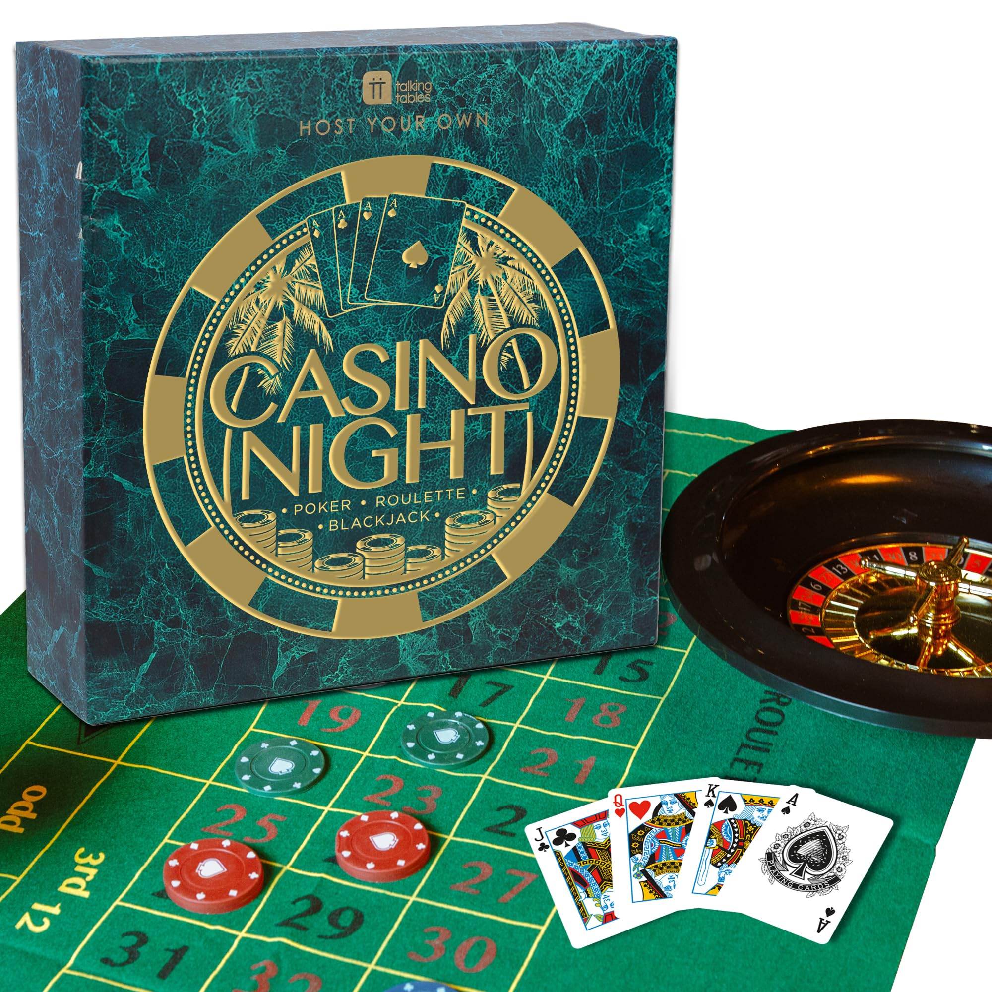 Talking Tables Casino Night Kit Poker, Blackjack, Roulette-Gambling Set for Adults, Gifts for Him | Contains Game Mat, Chips, Money, Balls, Playing Cards, Paper, Plastic, GAMECASINO