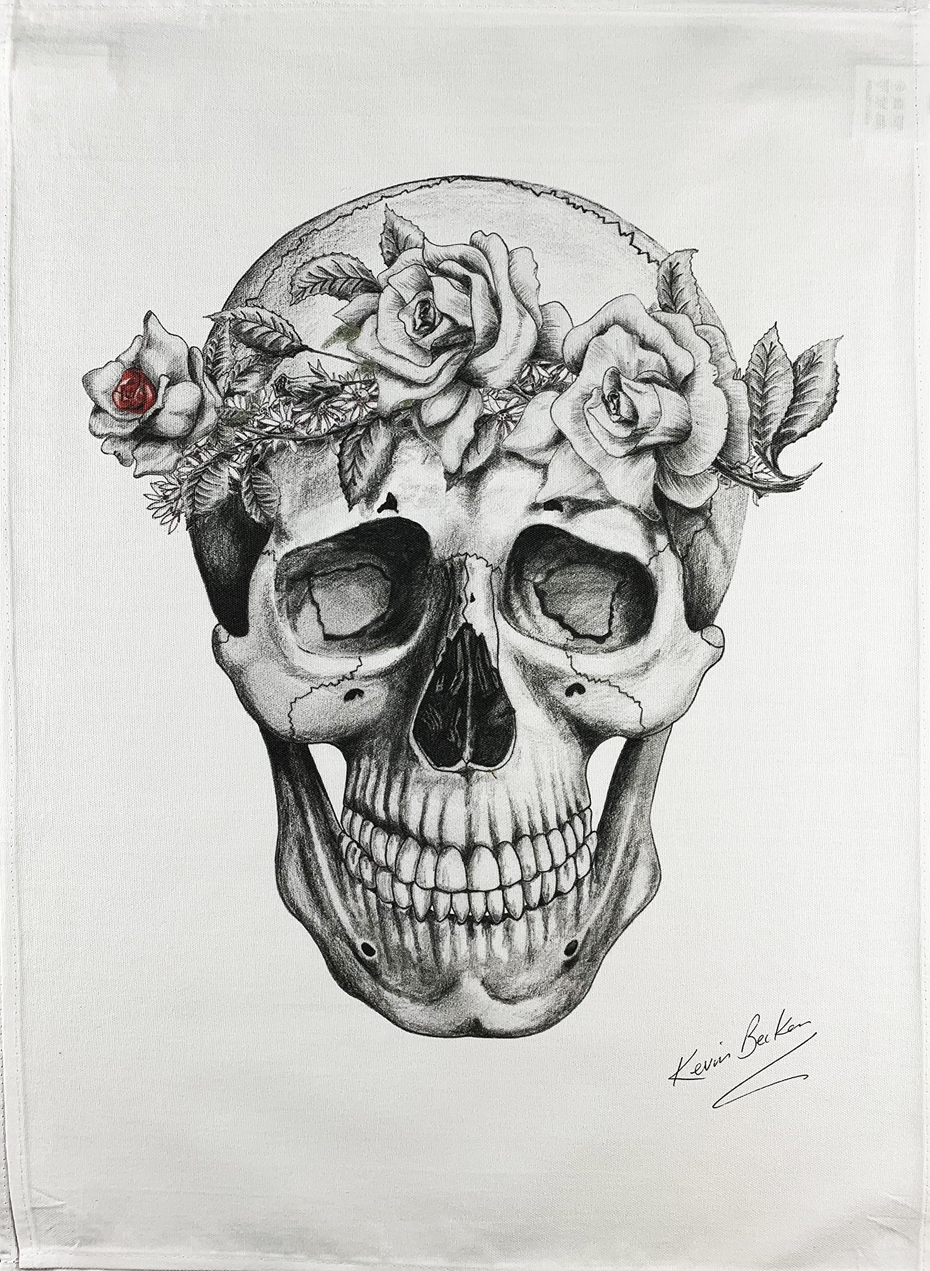 Half a Donkey Hand Drawn Skull with Roses and Daisy Head Dress Large Cotton Tea Towel