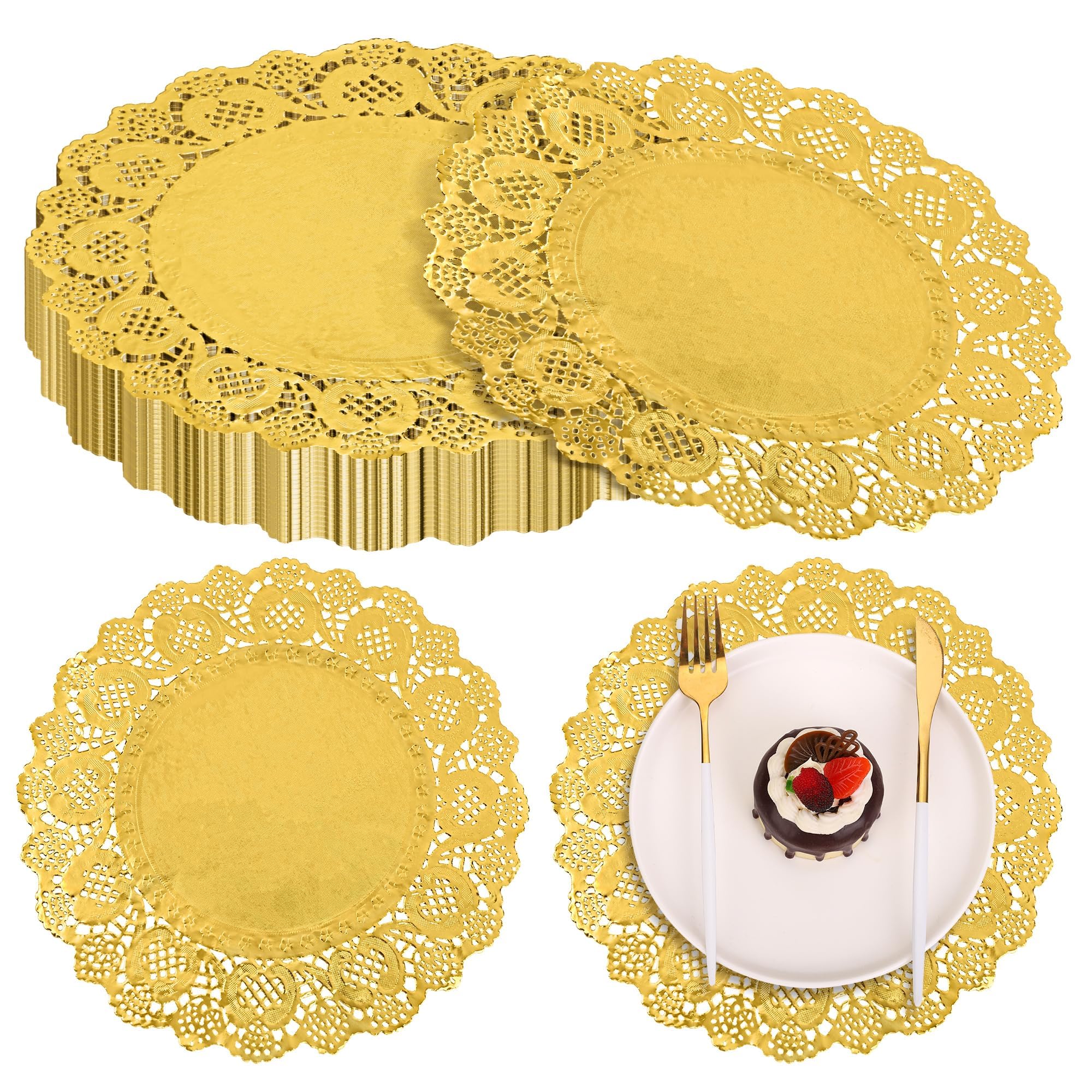 Photo 1 of MCEAST 100 Pack Round Gold Paper Doilies 13.5 Inches Lace Place Mats Rustic Scallop Doily Disposable Paper Table Pads for Food Cakes Crafts Party Weddings Tableware Decor