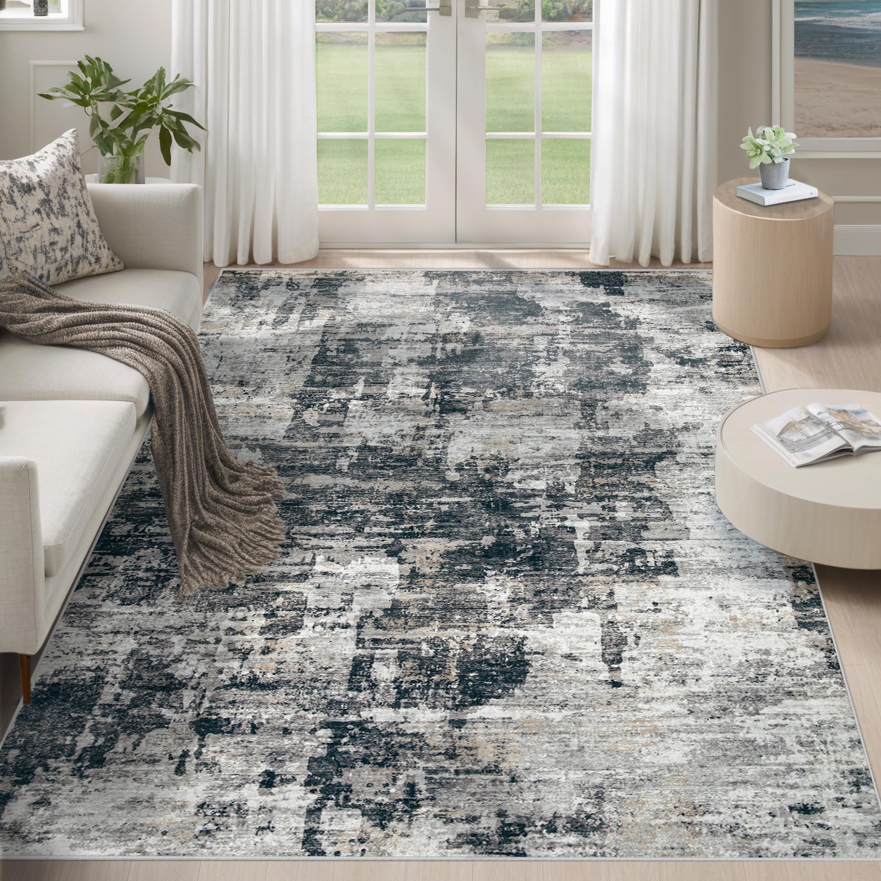Photo 1 of 5x7 Area Rugs for Living Room, Washable Modern Abstract Large Area Rug Neutral Soft Non Slip Kids Rug Stain Resistant Indoor Carpet for Bedroom Nursery Dining Room Home Office(BlackGrey, 5'x7')