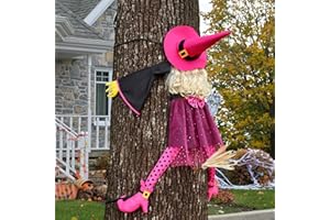 HOIIOH Pink Crashing Witch Halloween Decorations, 53" Flying Witch Decor for Indoor Party Supplies, Cute Halloween Yard & Por