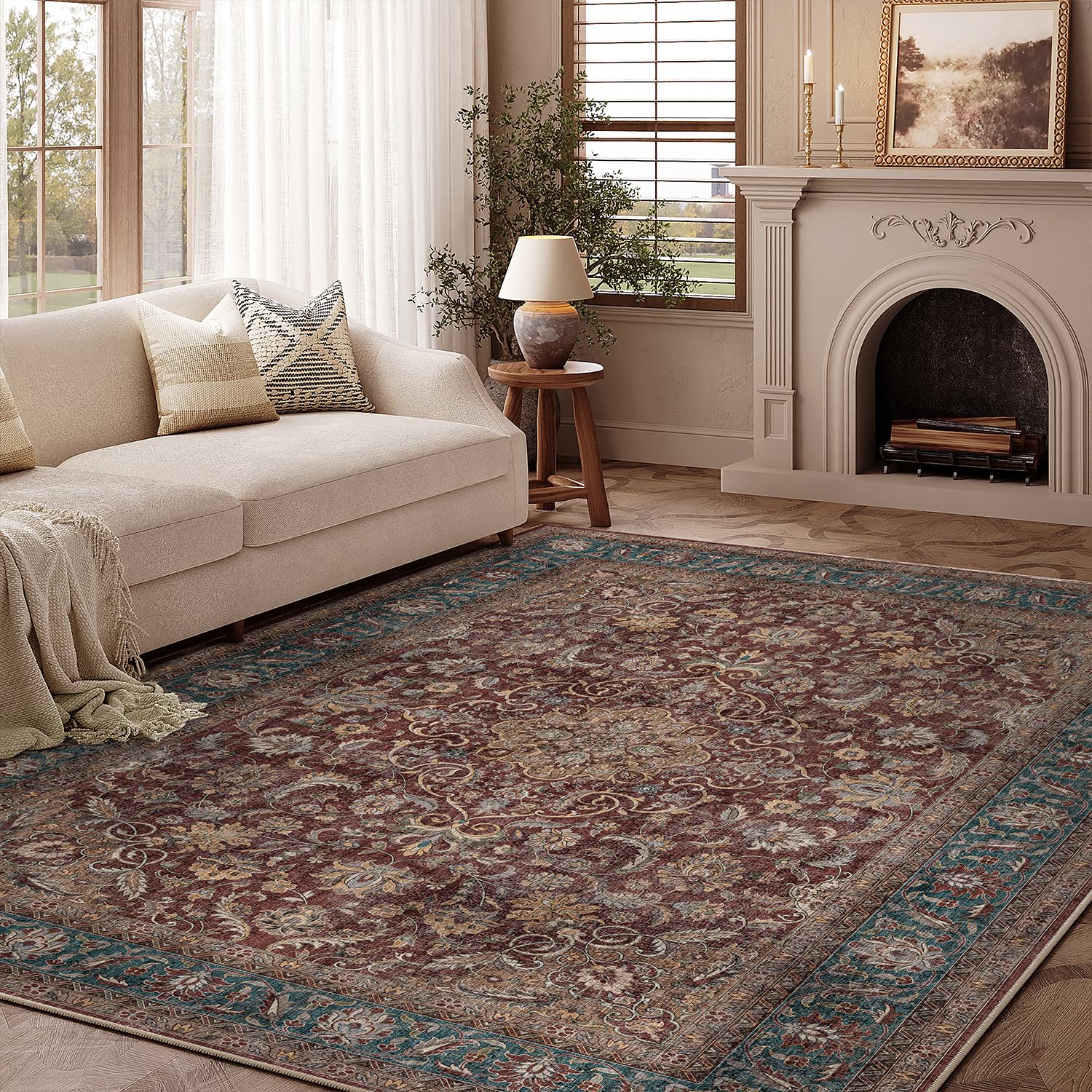 WondRg 5x7 Washable Rust Vintage Area Rug for