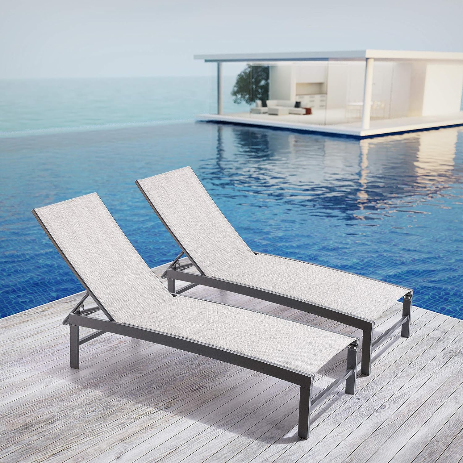 Pellebant Adjustable Patio Chaise Lounge Chair, 5 Positions and Flat Position, Folding Outdoor Recliners for Beach, Pool and Yard, 2 Pcs Set, Earth: Kitchen & Dining